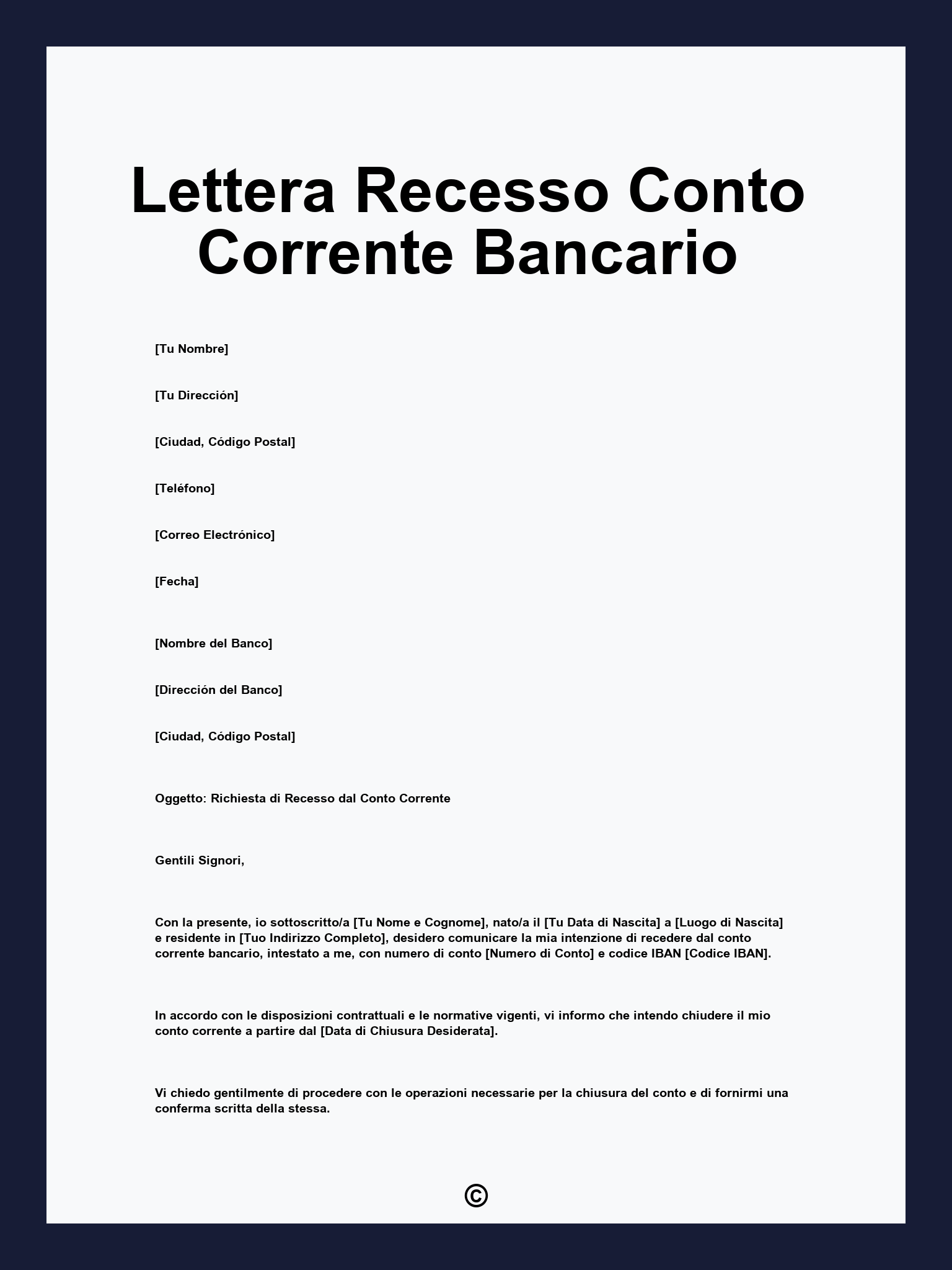 Lettera Recesso Conto Corrente Bancario