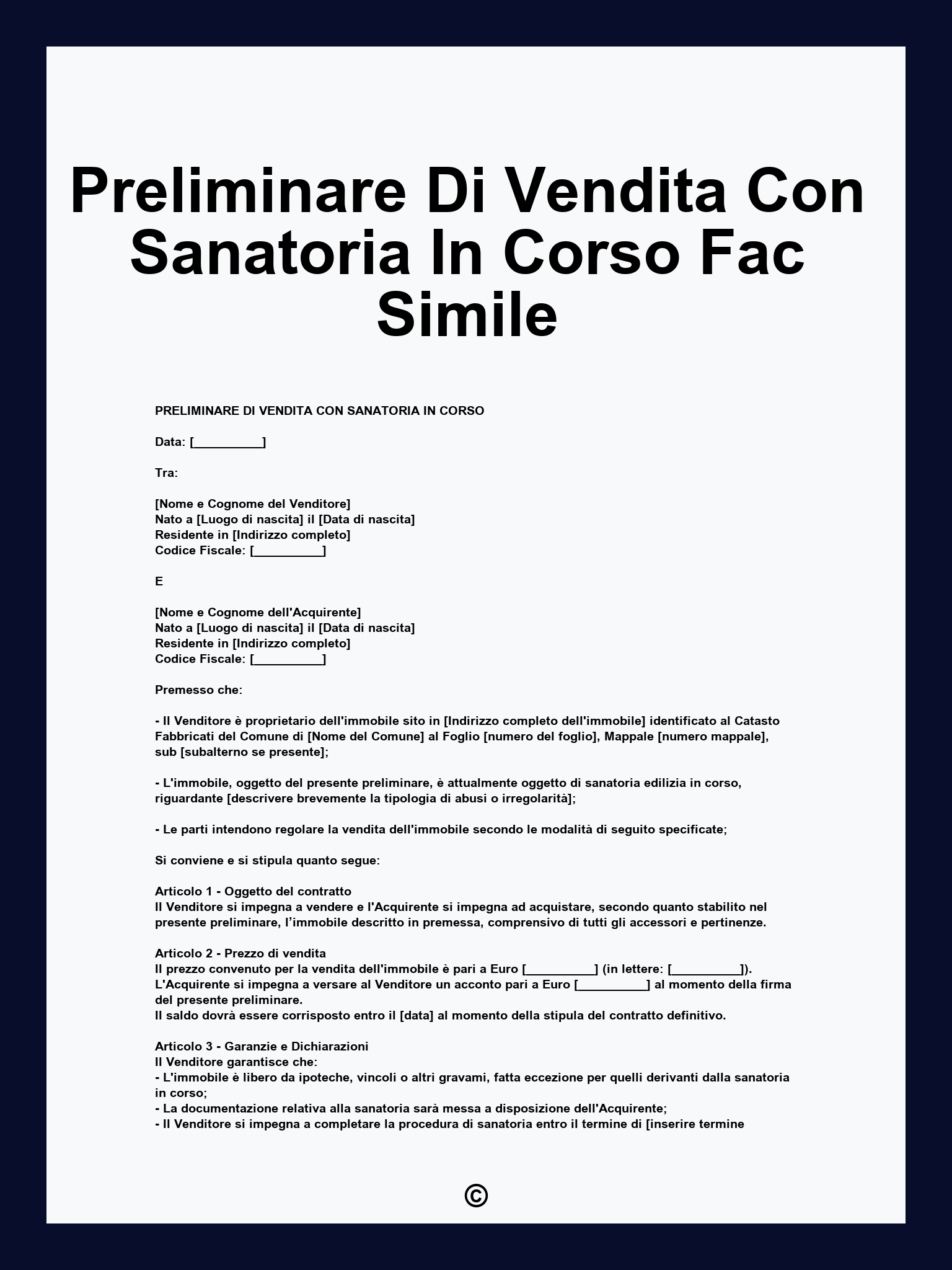 Preliminare Di Vendita Con Sanatoria In Corso Fac Simile