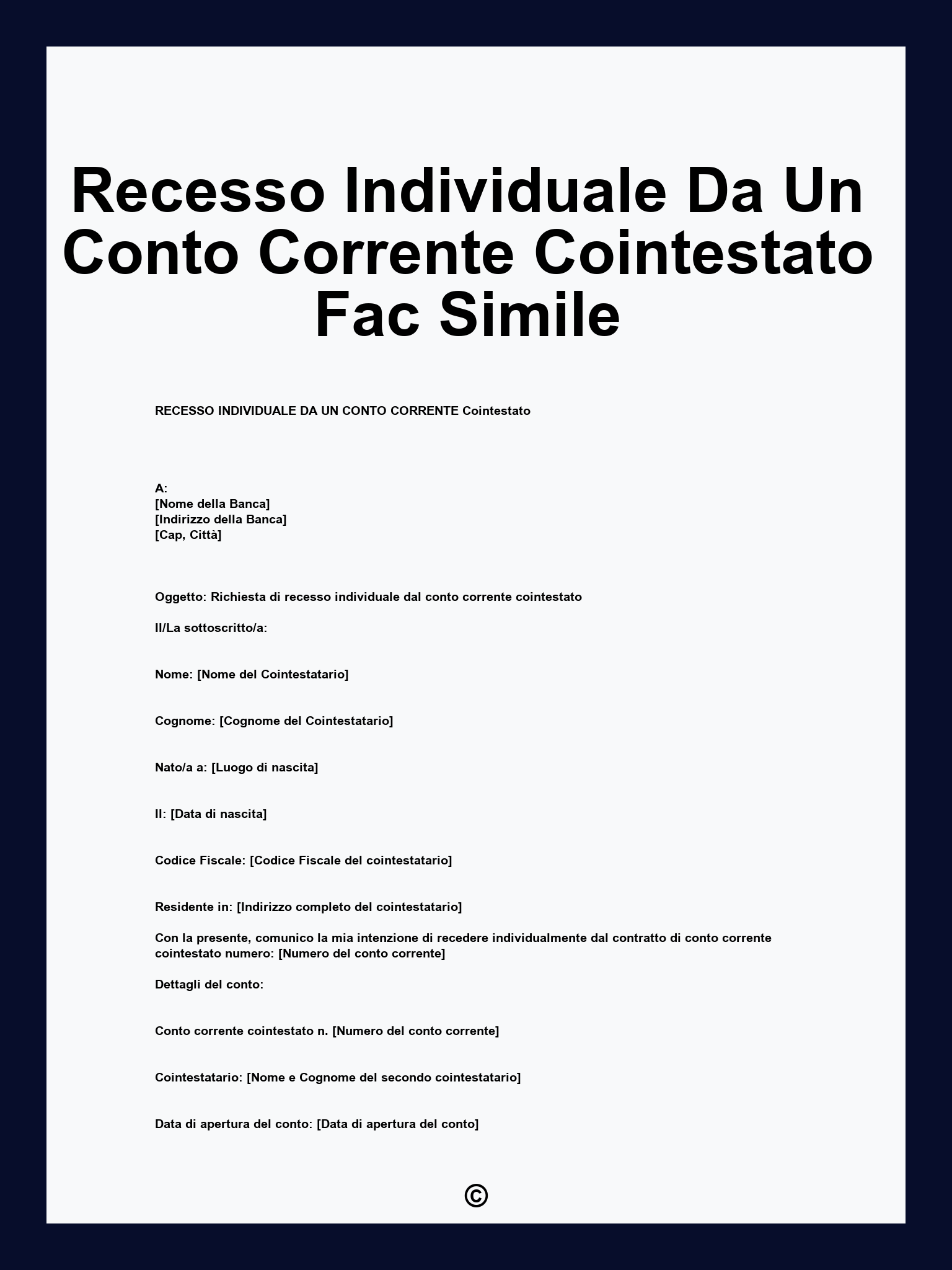 Recesso Individuale Da Un Conto Corrente Cointestato Fac Simile